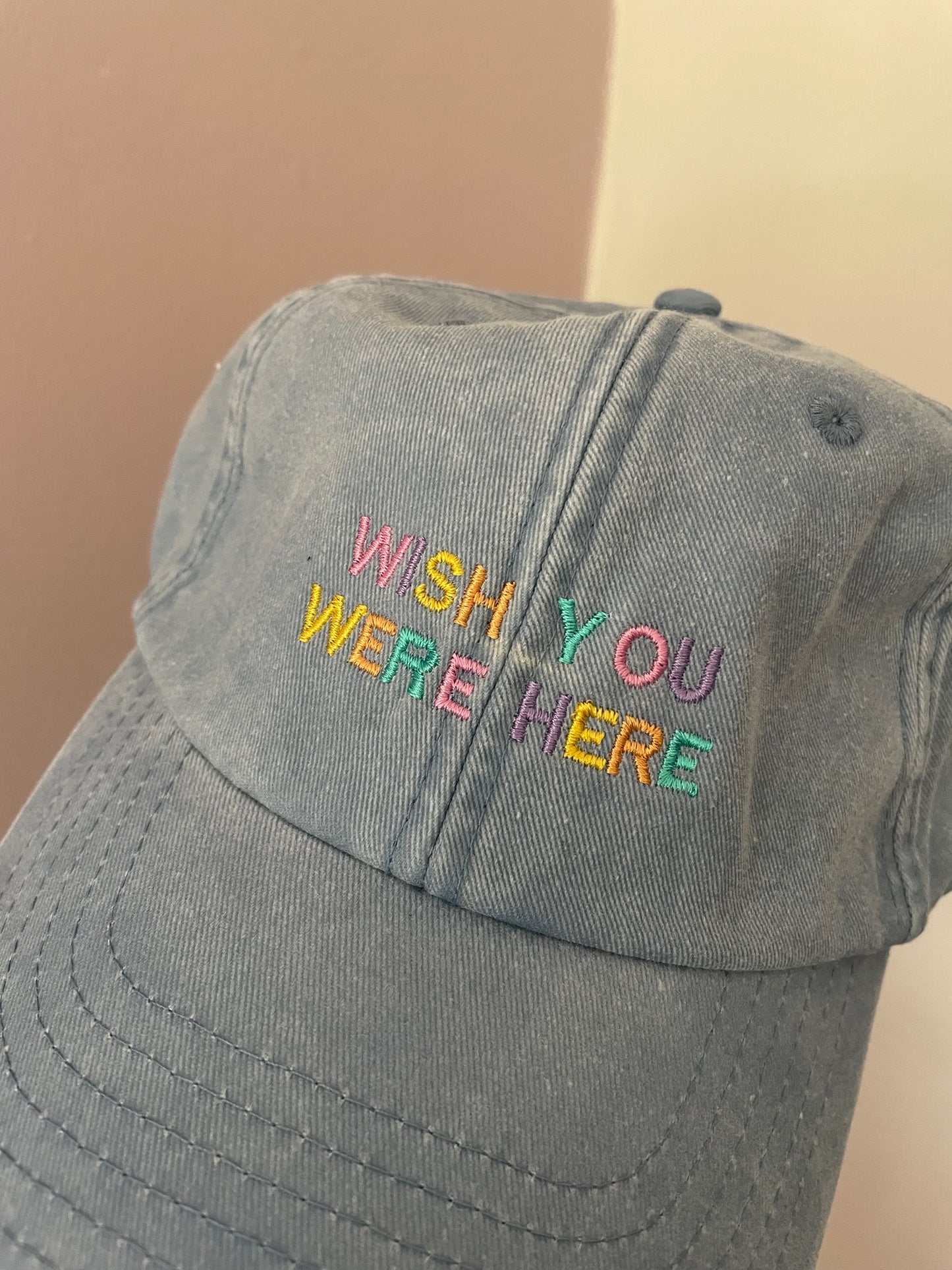 'WISH YOU WERE HERE' Light blue vintage cap